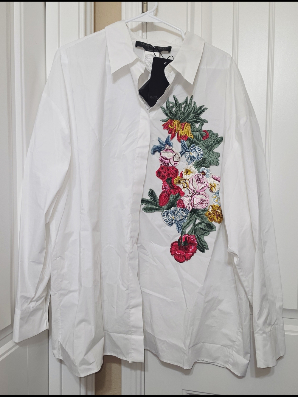 Marina Rinaldi White Button-Down Shirt with Multicolor Floral Embroidery, Sz 20